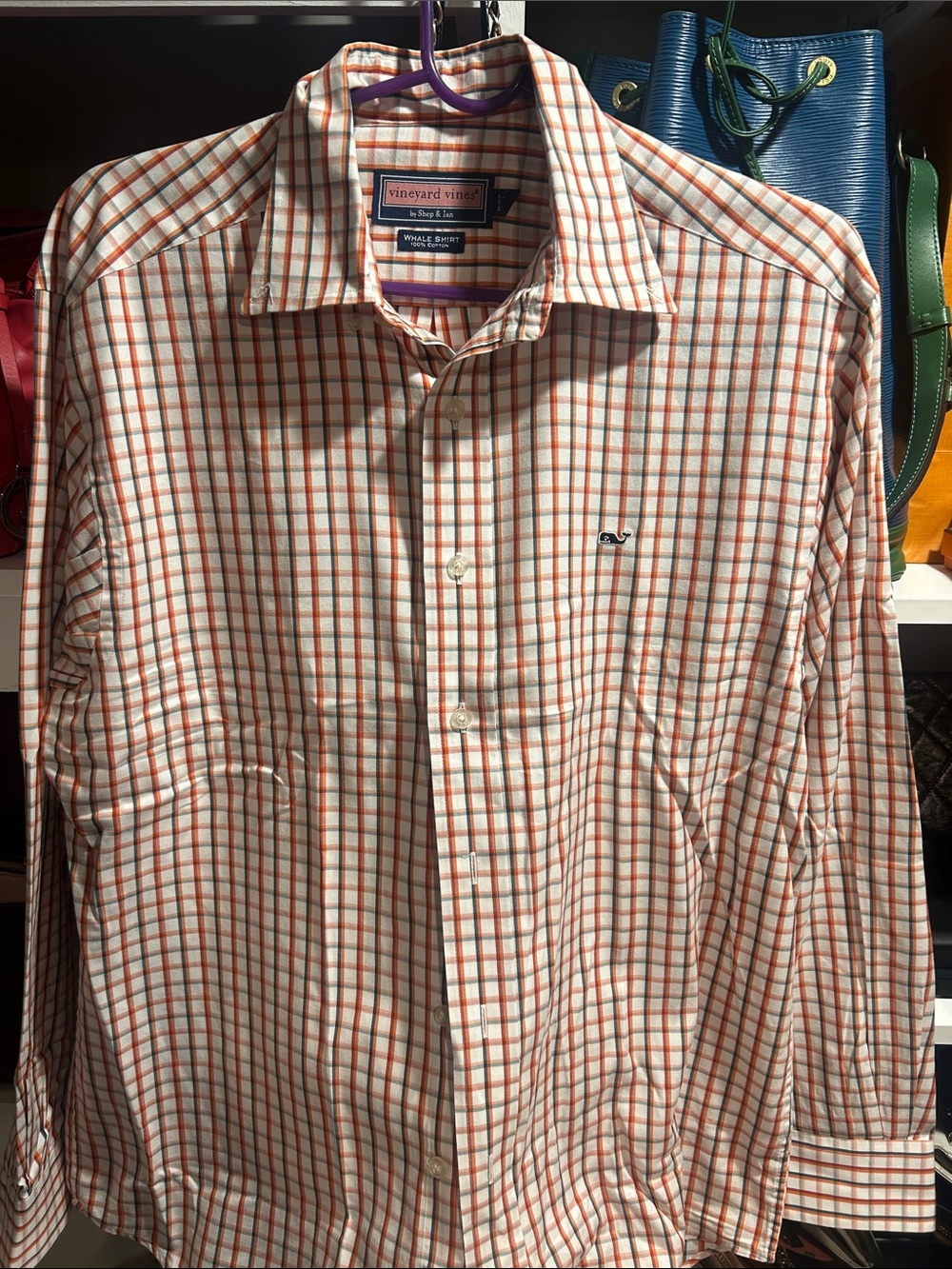 Vineyard Vines Men’s White and Orange Checked Button-Down Shirt
